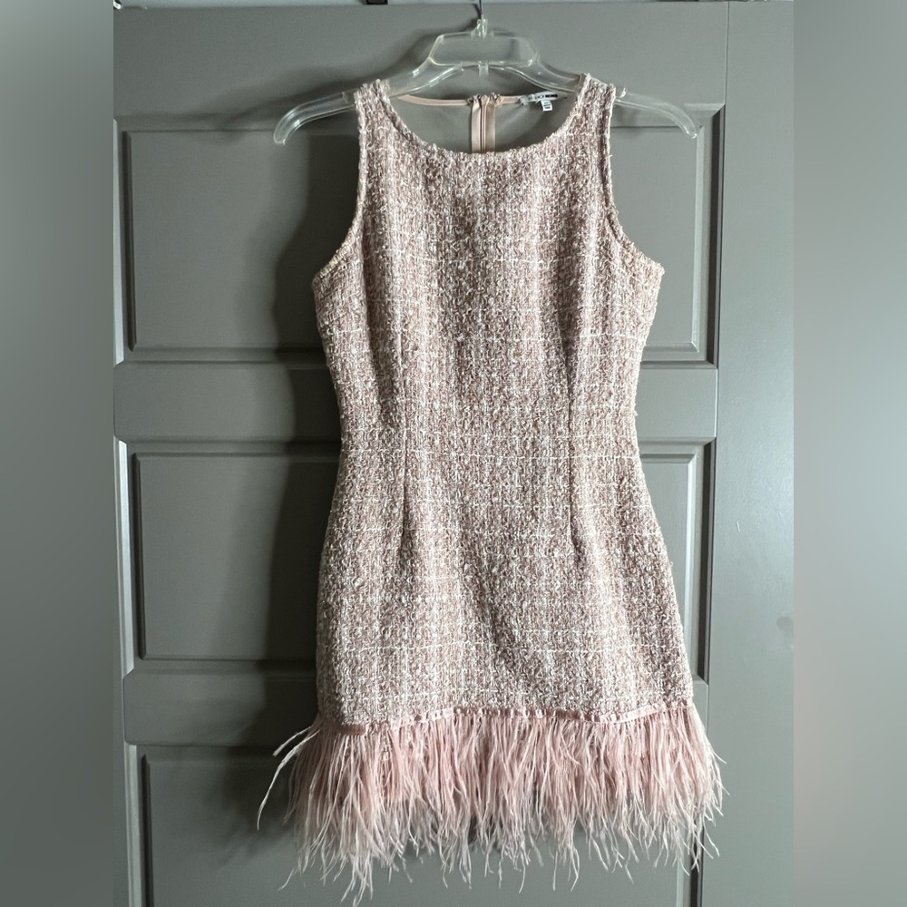 Blush Tweed Mini Dress with Feather Hem